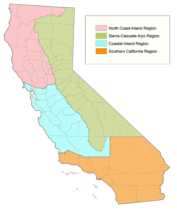 Colored map of California broken into four regions: Pink shows the North Coast-Inland Region Green shows the Sierra-Cascade-Inyo Region Blue shows the Coastal-Inland Region (central coast and valley) Orange shows the Southern California Region